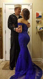 Blue Off the Shoulder Long Lace Appliques Mermaid Beads Prom Dresses Evening Dresses