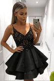 A Line V Neck Lace Layered Black Top Lace Short Homecoming Dresses with Spaghetti Straps