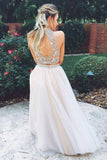 Two Piece High Neck Open Back Tulle Sequins Sleeveless Floor-Length Prom Dresses