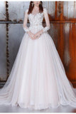 Long A-Line Long Sleeve Tulle Lace Plus Size Princess Elegant Wedding Dress