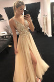 Elegant A Line V Neck Open Back Split Yellow Beaded Long Tulle Prom Dress Evening Dresses