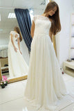 A-line Chiffon Long Beach Bateau Sweep Train Cap Sleeves Wedding Dress with