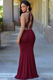 Jersey Scoop Neck Sexy Burgundy Mermaid Long Sleeves Zipper Appliques Prom Dresses