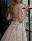 A-Line Deep V-Neck Court Train Open Back Sequined Prom Dress with Beading