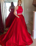 Cheap A Line Two Piece Long Red Satin Halter Sleeveless Prom Dresses with Pockets