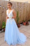 Elegant Blue Chiffon A line V Neck V Back Tulle Lace Long Prom Dresses Evening Dress