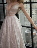 A-Line Deep V-Neck Court Train Open Back Sequined Prom Dress with Beading