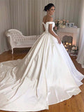 Simple Princess Ivory Ball Gown Sweetheart Satin Off the Shoulder Wedding Dresses