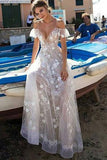 A-Line Unique White Spaghetti Straps Lace V-neck Long Off-the-Shoulder Prom Dresses