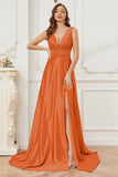 A-line V-neck Sleeveless Soft Satin Long Bridesmaid Dress