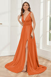 A-line V-neck Sleeveless Soft Satin Long Bridesmaid Dress