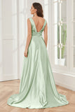 A-line V-neck Sleeveless Soft Satin Long Bridesmaid Dress