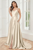 Spaghetti Straps Soft Satin Bridesmaid Dress with Train