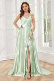 Spaghetti Straps Soft Satin Bridesmaid Dress with Train