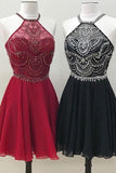 Cute A Line Halter Beaded Short Burgundy Homecoming Dresses Backless Black Hoco Dress