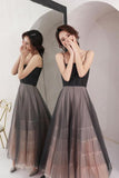 A Line Scoop Spaghetti Straps Black Tulle Prom Dresses Long Evening Dresses