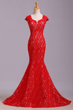 Elegant Red Sweetheart Mermaid Lace Cap Sleeve Open Back Prom Dress Party Dresses