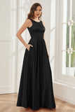 A-line Sleeveless Satin Long Bridesmaid Dresses with Pockets