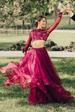 Elegant A Line Two Piece Burgundy Long Sleeve Beads Organza Open Back Long Prom Dresses