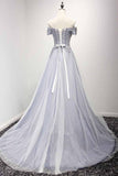 Dusty Blue A-Line Off-the-Shoulder Tulle Lace up Prom Dresses with Appliques Lace