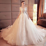 2024 Gorgeous Scoop Lace Appliques Flowers White Organza Long Sleeve Wedding Dresses