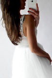 A-Line V-Neck Short Prom Dress White Tulle Lace Beads Homecoming Dress with Appliques