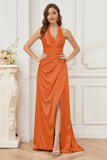 Sheath Halter Soft Satin Bridesmaid Dress with Slit