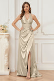 Sheath Halter Soft Satin Bridesmaid Dress with Slit