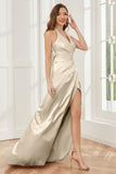 Sheath Halter Soft Satin Bridesmaid Dress with Slit