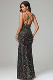 Mermaid Spaghetti Straps Sequins Prom Dress with high Slit