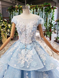 Princess Light Blue Ball Gown Cap Sleeve Prom Dresses with 3D Flowers Quinceanera Dress