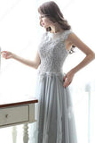 Modest Scoop Neck Tulle Pearl Detailing Lace-up Floor-length Sleeveless Prom Dresses