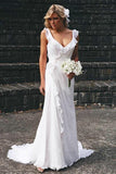 Elegant Sheath V Neck Chiffon Ruffles Sleeveless Open Back Wedding Dresses