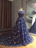 Chic Ball Gown Dark Navy Scoop Sweep Train Tulle Modest Rhinestone Long Prom Dresses