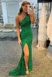 Formal Graduation Evening Dresses One Shoulder Mermaid Shiny Green Sequins Long Prom Dresses