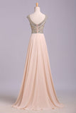 Blush Pink Cap Sleeve Chiffon Beads Round Neck Open Back Long Prom Dresses