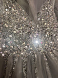 Sparkly Open Back Deep V-neck Long Slit Prom Dresses