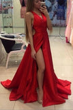 A-Line Red Simple With Slip Side Satin Chiffon Charming Deep V-Neck Sleeveless Prom Dresses