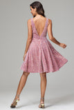 Pink A Line V-neck Short Sequins Homecoming Dress