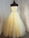 A Line Sky Blue Strapless Lace Appliques Tulle Beads Pockets Floor Length Prom Dresses