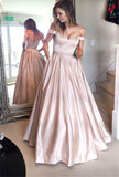 Pearl Pink A-line Off the Shoulder Sweetheart with Pockets Long Senior Prom Dresses