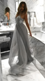 Light Grey Backless Spaghetti Straps Lace Tulle Long A-line V-Neck Prom Dresses