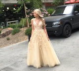 Light yellow organza applique handmade flowers V-neck long prom dresses