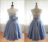 Elegant Scalloped-Edge Knee-Length Blue Homecoming Dress with White Lace Bowknot