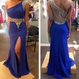 Gorgeous Royal Blue One Shoulder Crystal With Slit Floor Length Prom Dresses