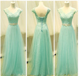 Mint Lace Cap Sleeve Sweetheart Lace up A-Line Tulle Green Floor-Length Prom Dresses