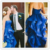 High Low Royal Blue Organza Prom Gowns Strapless Evening Dresses For Teens Brides