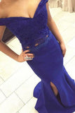 Two Piece Off the Shoulder Sweetheart Mermaid Side Split Long Royal Blue Prom Dresses