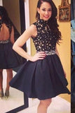 Elegant Short Open Back Lace Black Fitted Halter Cute Mini Homecoming Dresses