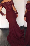 Burgundy Satin Long Sleeves Elie Saab Off the shoulder Appliques Mermaid Prom Dresses